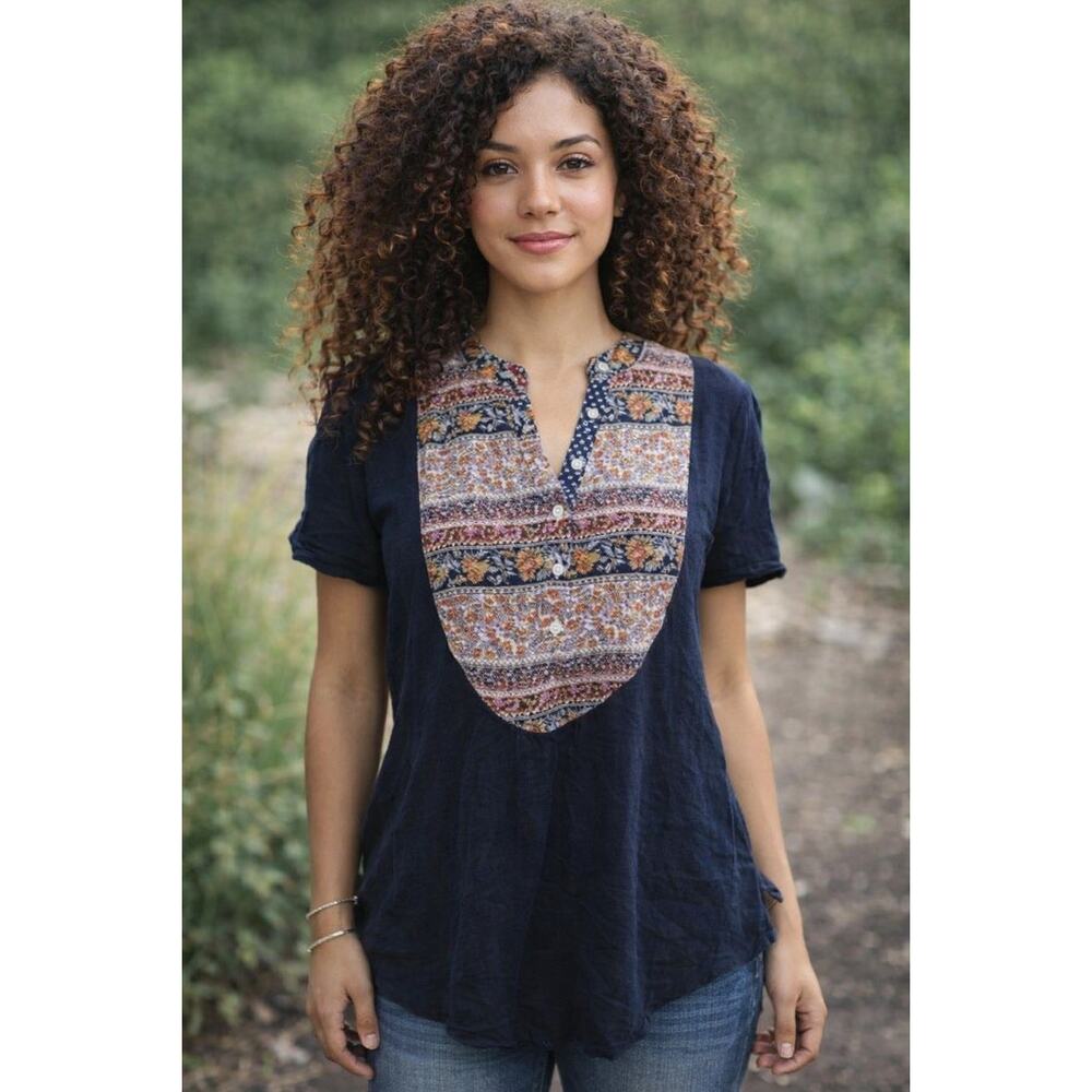 Meadow Rue Blue Print Neck SS Jersey Top S